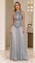 Silver rhinestone beaded halter maxi gown with flowing fringe skirt front view