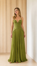 Front view of olive halter lace bodice pleated maxi dress