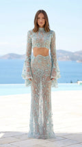 Front view of light blue beaded two-piece maxi gown