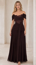 Front view of model wearing brown off-the-shoulder ruched chiffon maxi dress