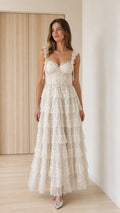 Front full view of ivory floral lace tiered maxi dress