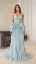 Front view of sage green strapless pleated evening gown with ruffle peplum