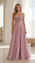Front view of mauve sequin long evening dress