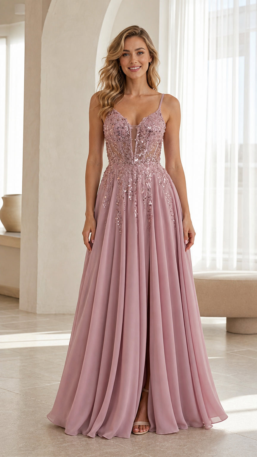 Front view of mauve sequin long evening dress