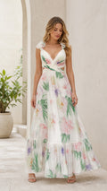 Front view of white floral maxi dress