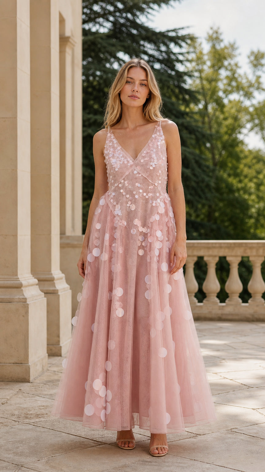 Front view of woman wearing pink sequin tulle maxi dress