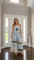 Full front view of Light Blue patchwork denim overalls