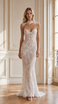 Ivory embroidered floral lace mermaid gown with illusion high neck and sweetheart bodice front view