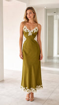Olive satin lace trim slip maxi dress front view