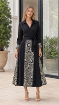 Front view of woman wearing Black embroidered midi shirt dress