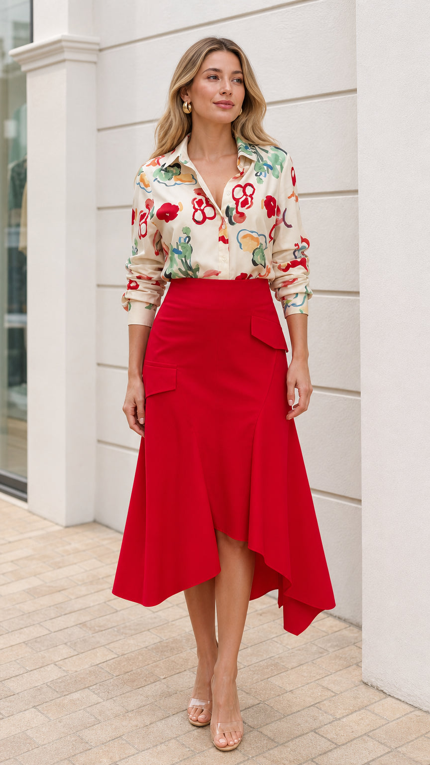 Model wearing cream floral button down shirt and red asymmetric midi skirt front view