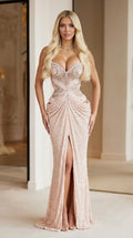 Blush embellished strapless mermaid evening gown shown from the front with sweetheart neckline and front slit