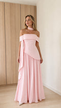 Front view of model wearing pink off-the-shoulder maxi dress with choker