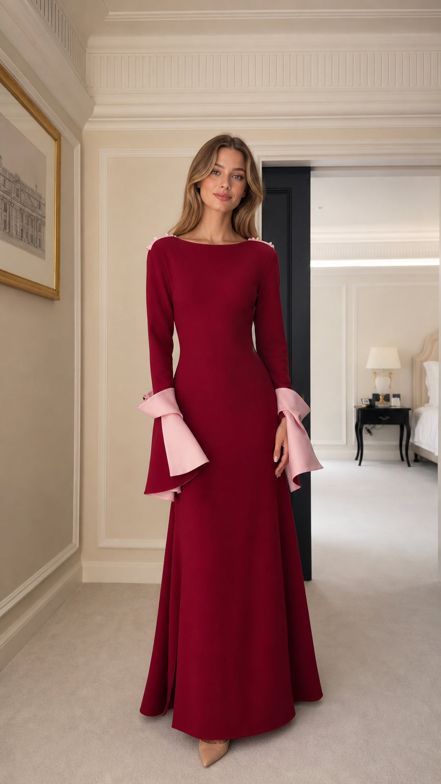 Front view of Burgundy maxi dress with pink contrast cuffs