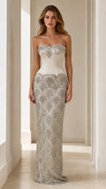 Front view of champagne sequin strapless evening gown