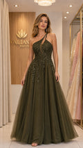 Front view of woman wearing olive green one-shoulder beaded tulle evening gown