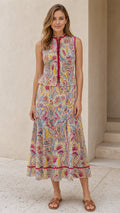 Front view of yellow multi paisley print midi dress
