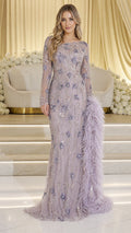 Lavender embellished long sleeve evening gown front view