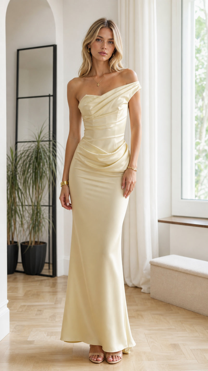 Front view of champagne one-shoulder draped satin maxi dress