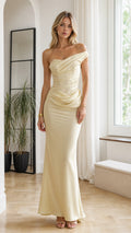 Front view of champagne one-shoulder draped satin maxi dress