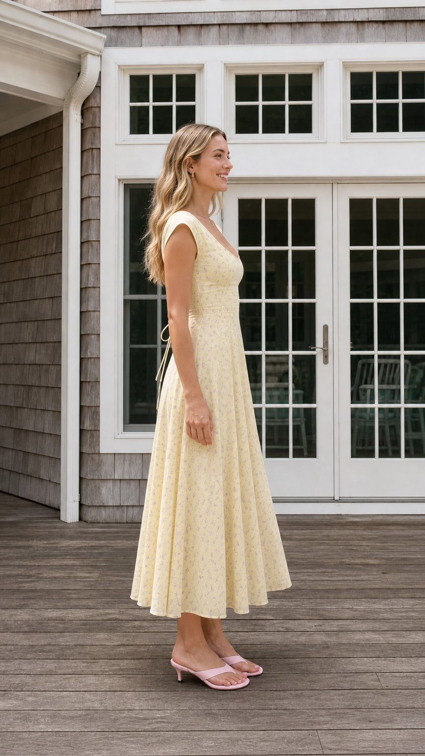 Side profile view of yellow floral midi dress