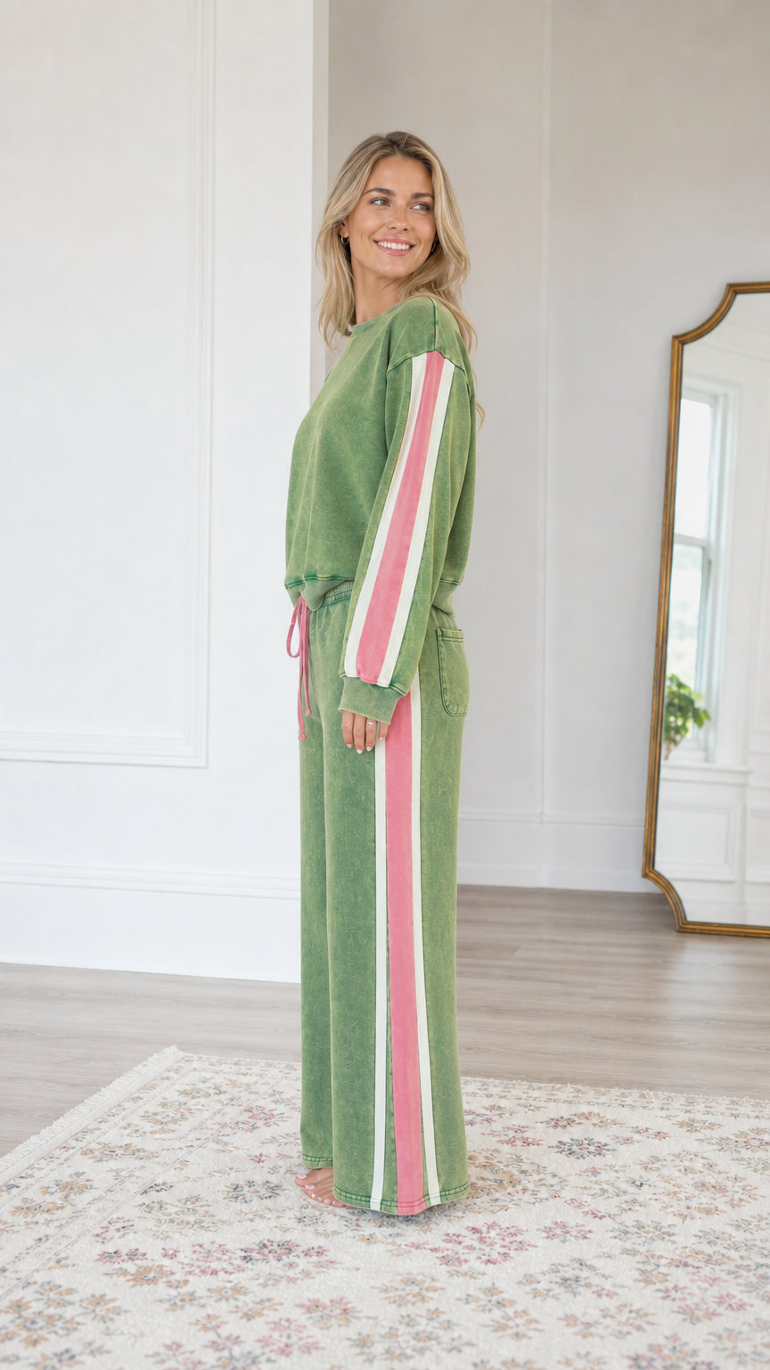 Side profile of model showcasing the contrast side stripes on the Sage Green two-piece sweatsuit set
