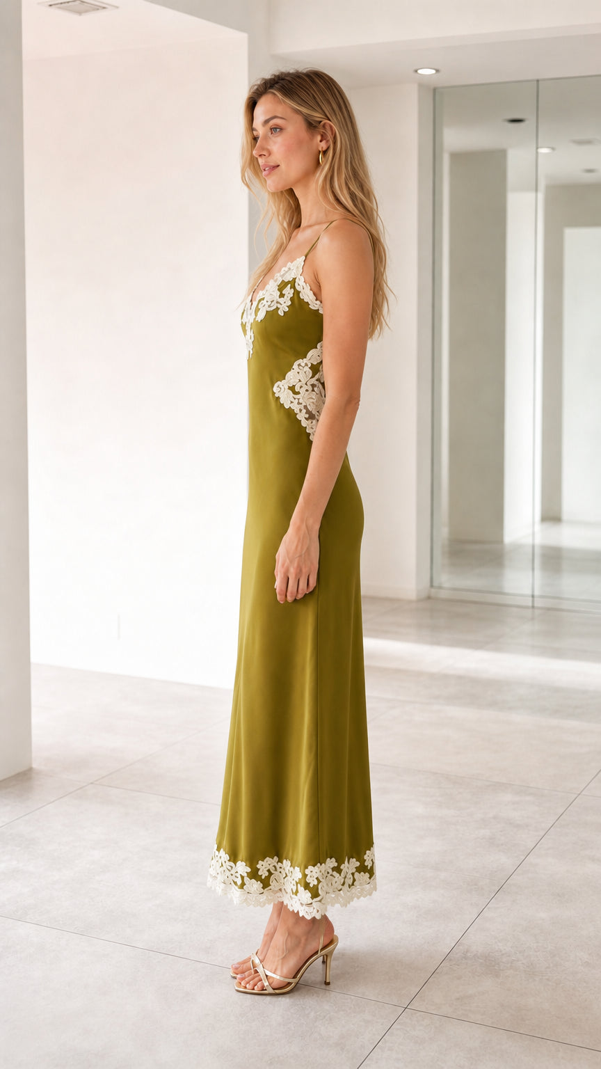 Olive satin slip dress side profile