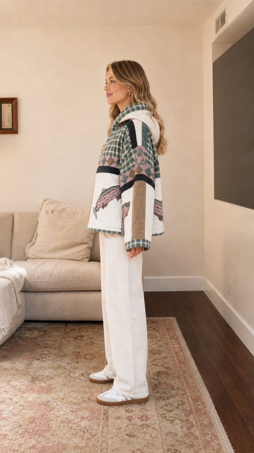 Side view of model wearing quilted patchwork hooded pullover in Sage Green