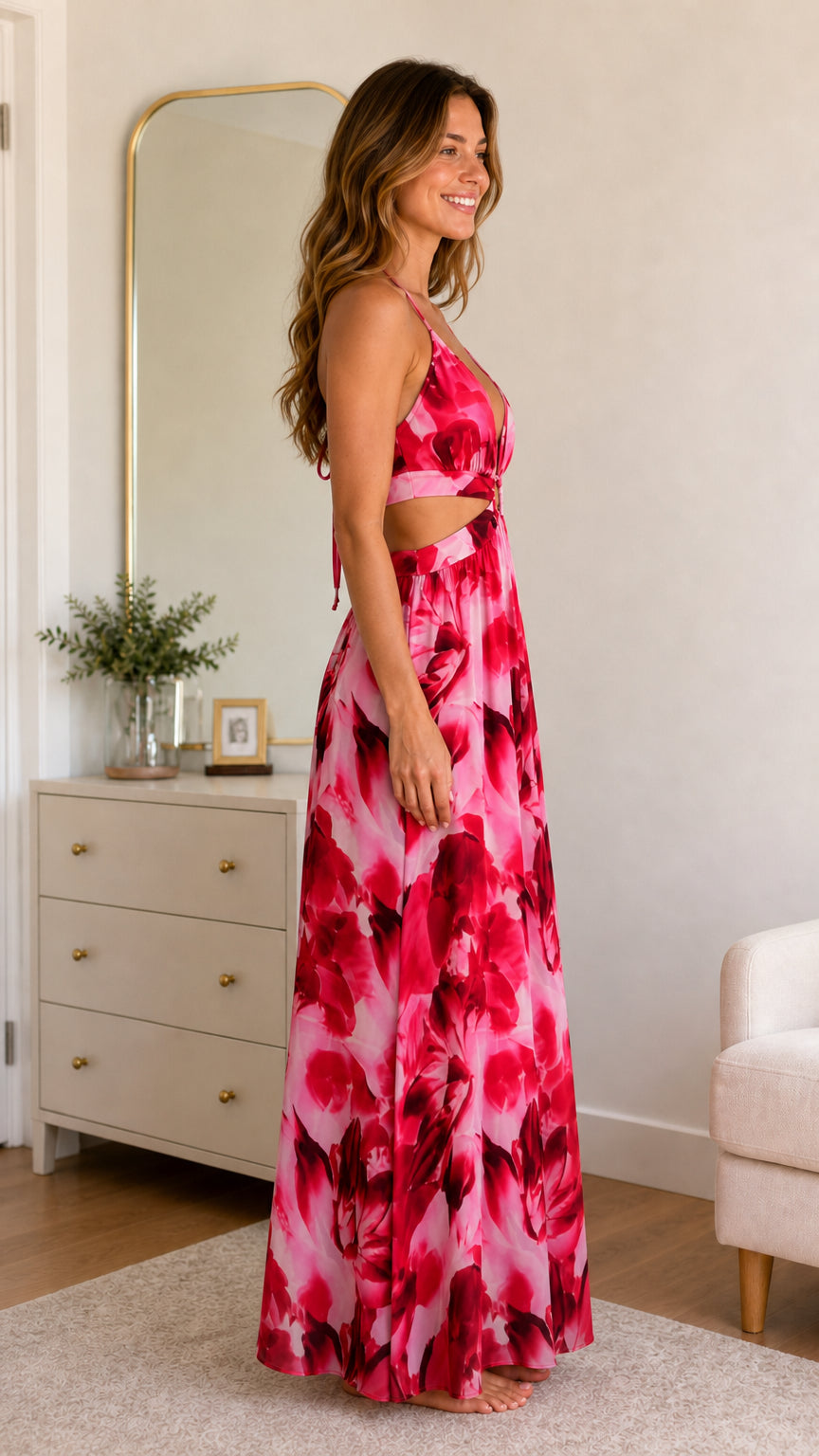 Side profile view of pink floral maxi dress