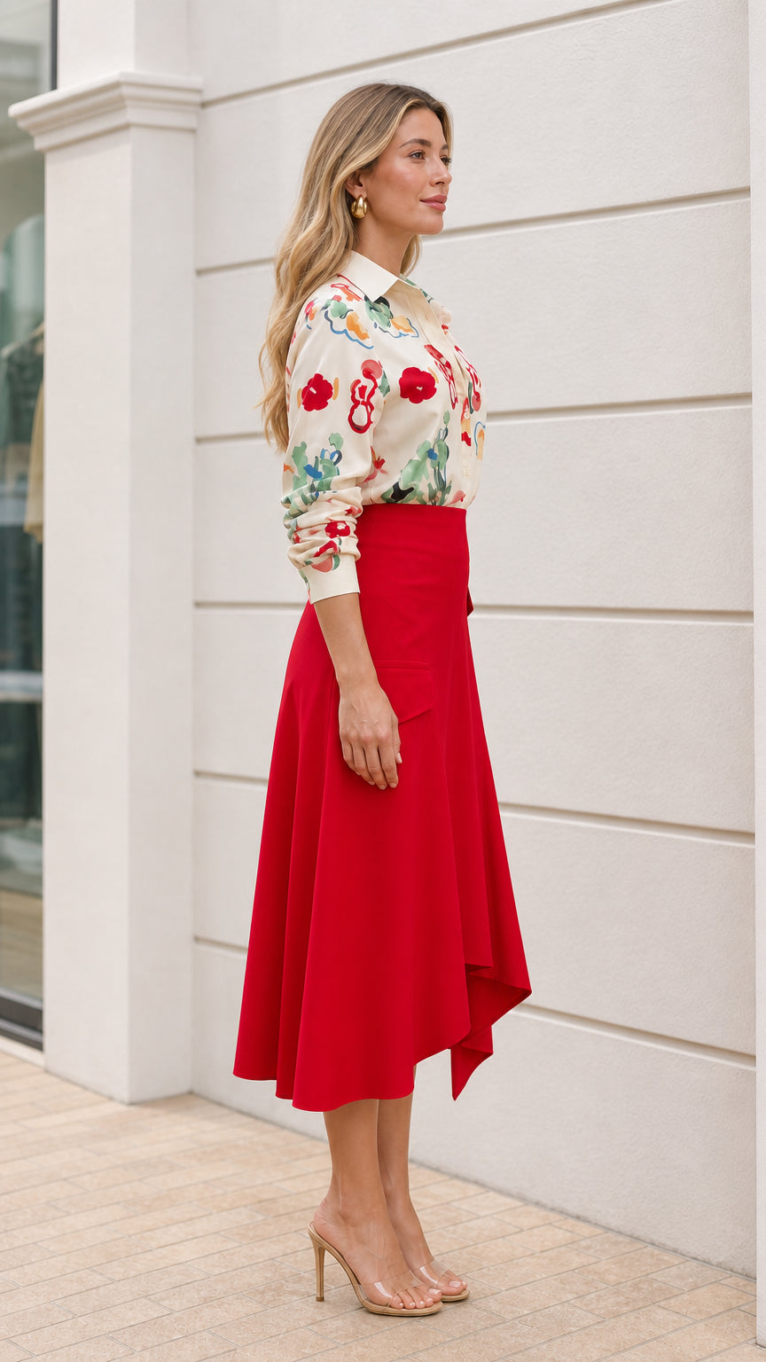 Model wearing cream floral button down shirt and red asymmetric midi skirt side view