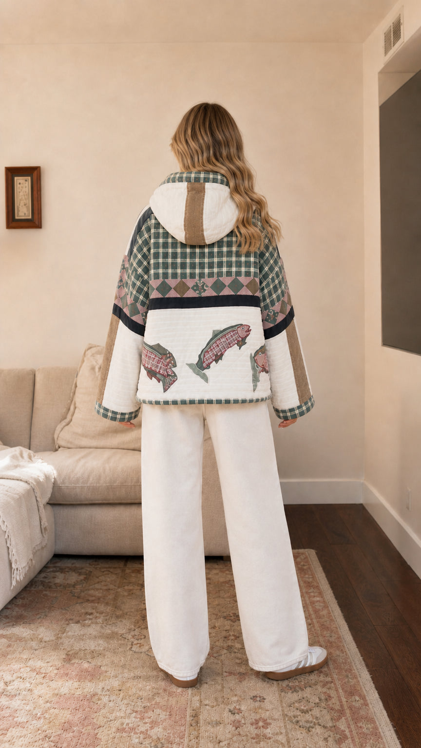 Back view of Sage Green quilted hoodie showing fish embroidery and hood design