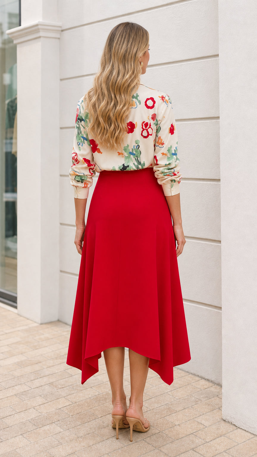 Model wearing cream floral button down shirt and red asymmetric midi skirt back view