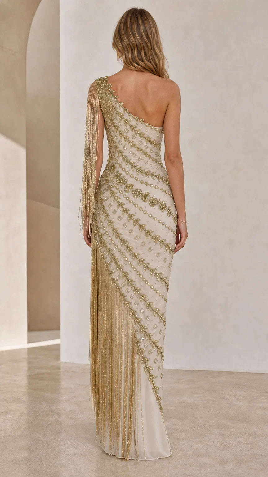 Back view of model in champagne formal dress
