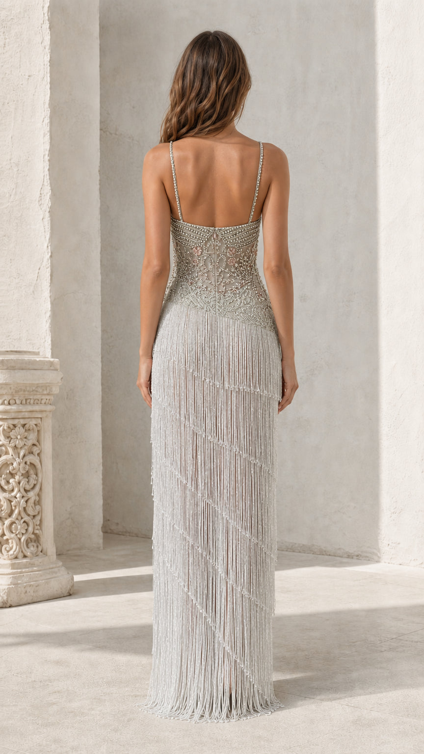 Back view of silver beaded fringe maxi dress