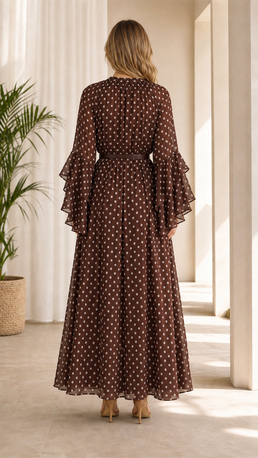 Back view of model wearing flowing brown polka dot maxi dress