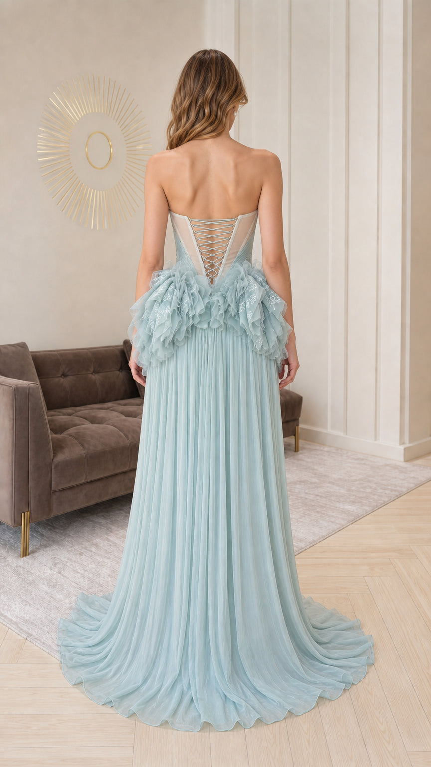 Back view of sage green gown showing lace-up corset closure