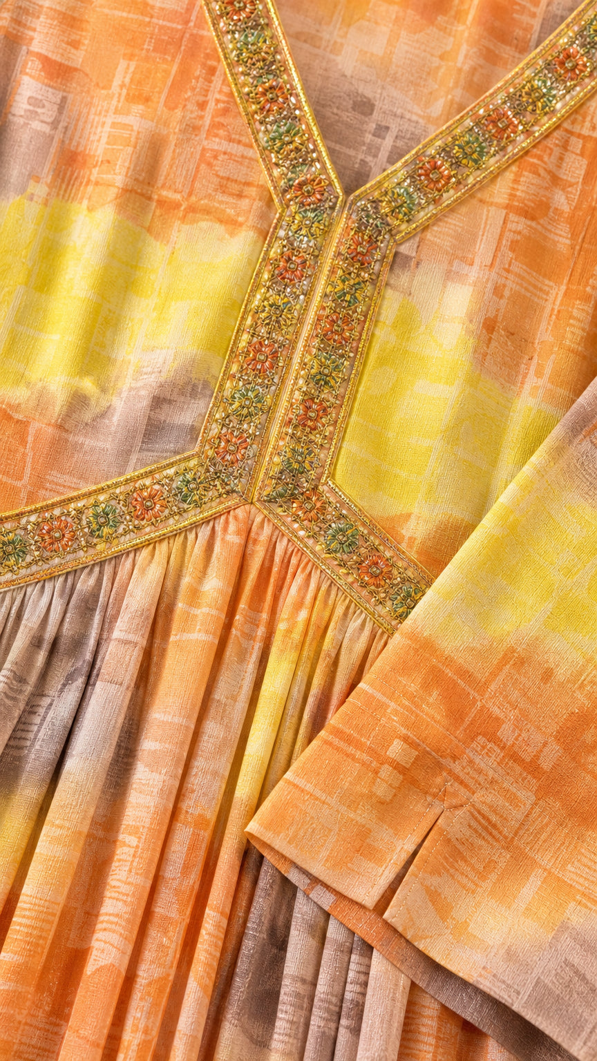 Close-up detail of ornate embroidered trim on neckline and textured fabric