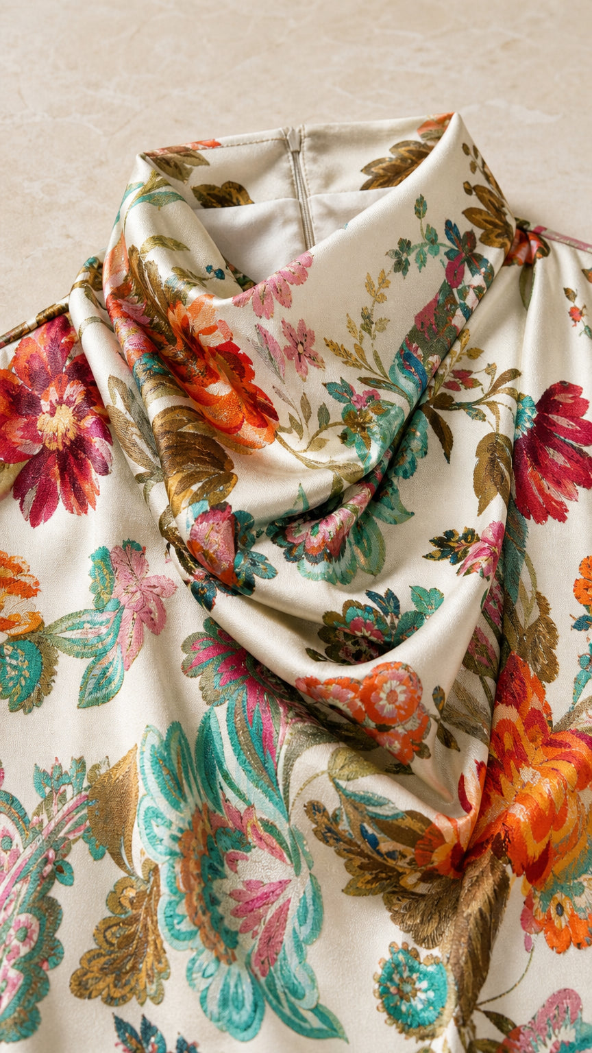 Close-up detail of the floral print fabric and cowl neck