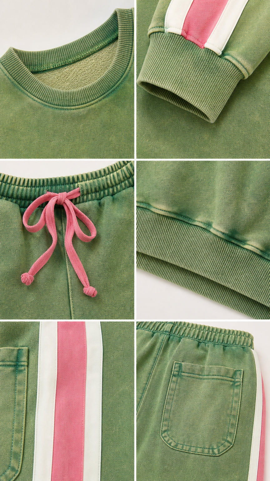 Close-up detail collage of neckline, ribbed cuffs, drawstring waist, side stripes, and back pocket
