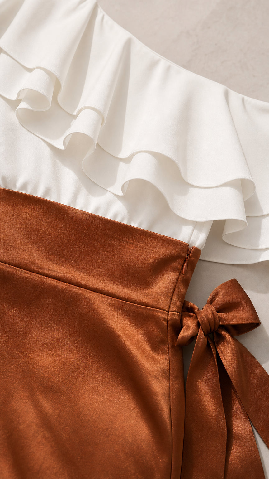 Close-up of white ruffle bodice and caramel brown satin waist tie