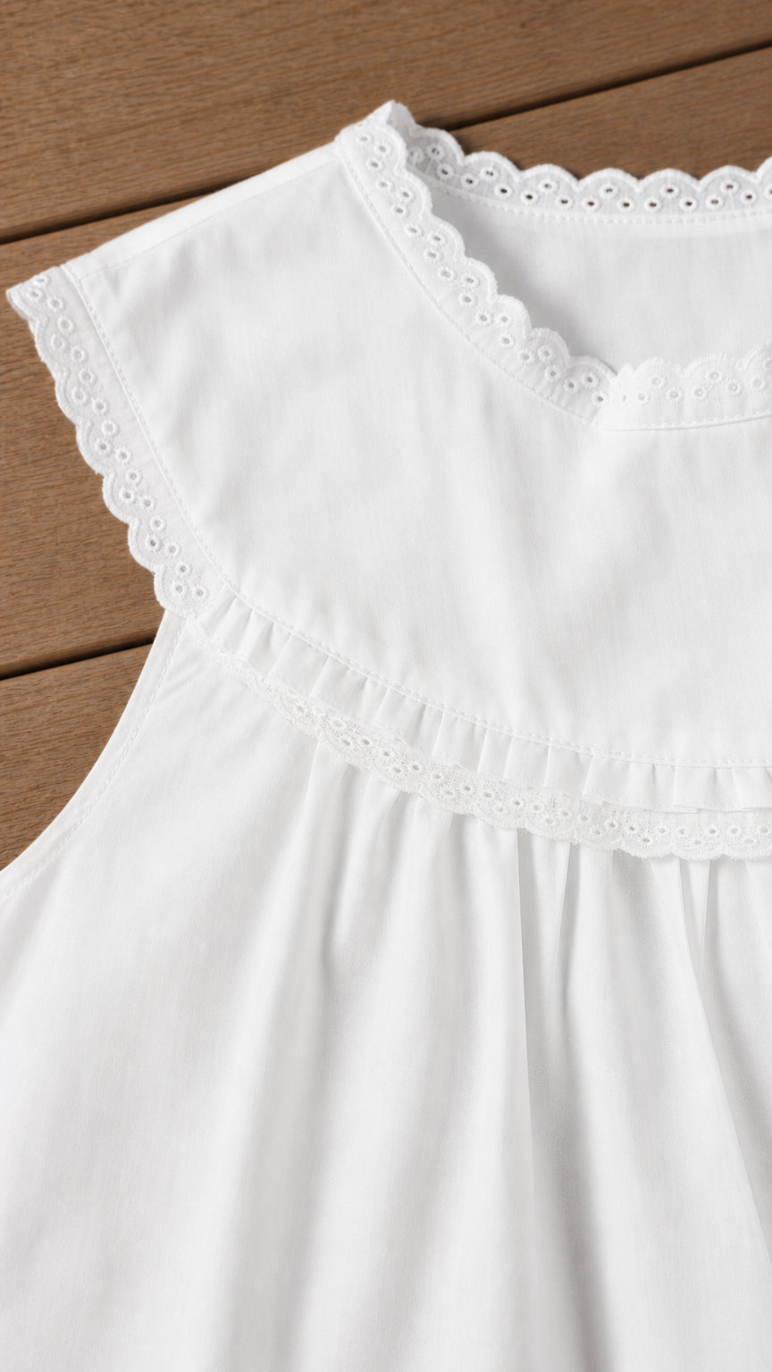 Close-up of neckline and eyelet embroidery detail on white dress