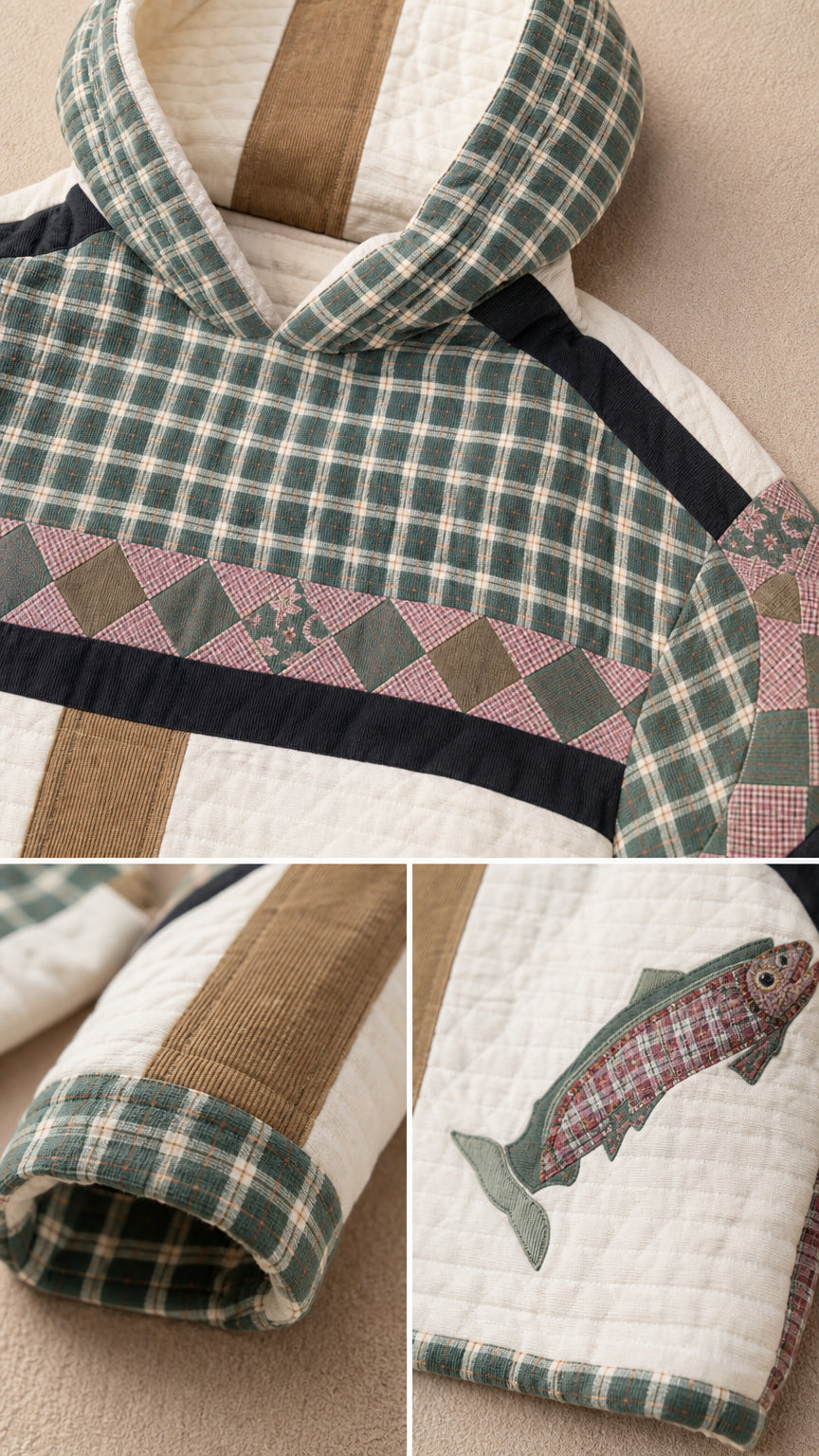 Close-up detail of quilted texture, corduroy stripes, plaid hood, and fish patch