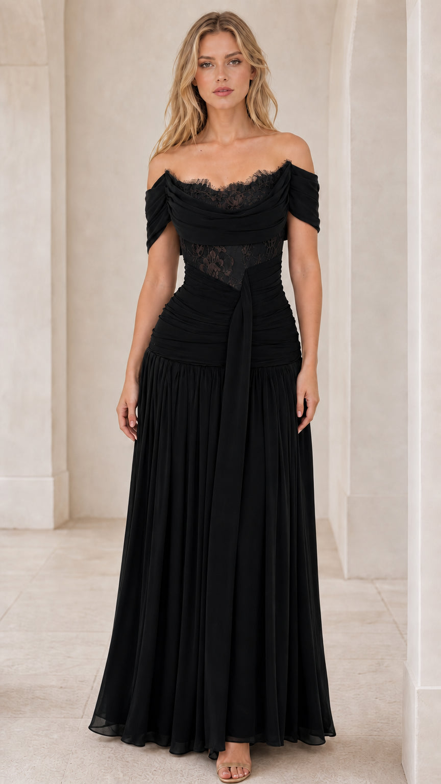 Front view of black off-the-shoulder ruched maxi dress