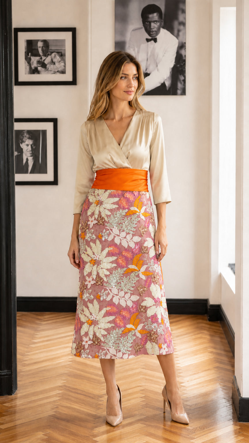 Front view of model wearing pink floral variation