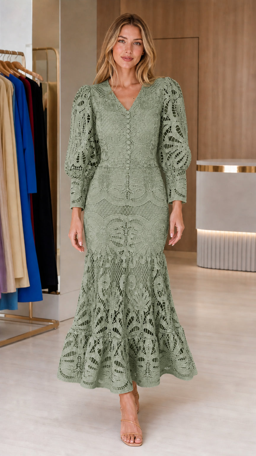 Front view of model wearing sage green crochet lace midi dress