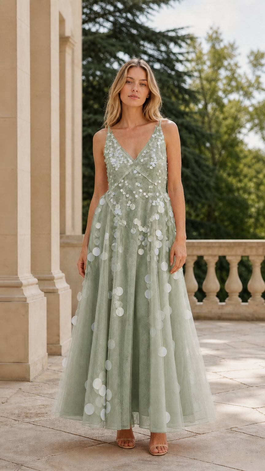 Full length view of woman in sage green sequin tulle maxi dress