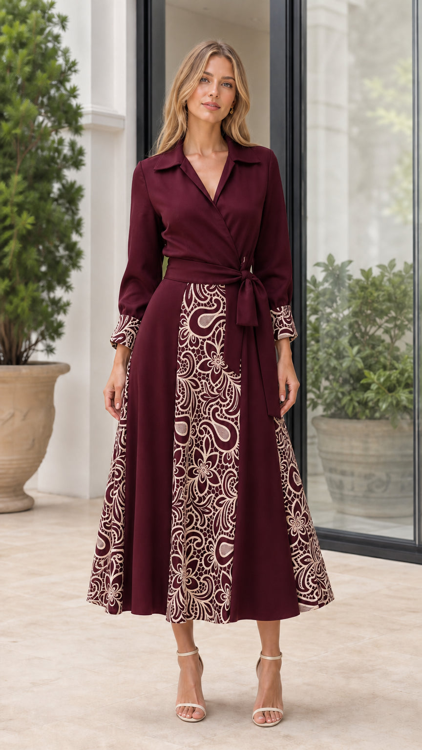 Front view of woman wearing Burgundy embroidered midi shirt dress