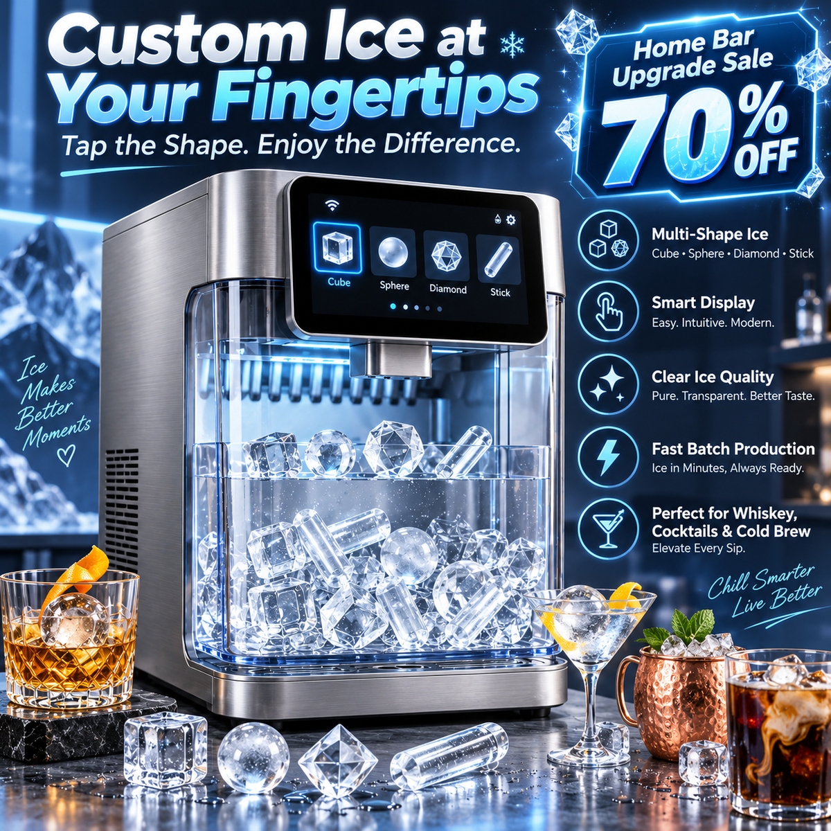 🥃💎 Smart Clear Ice Maker – Cube, Sphere, Diamond & Stick Ice for Home Bars ✨