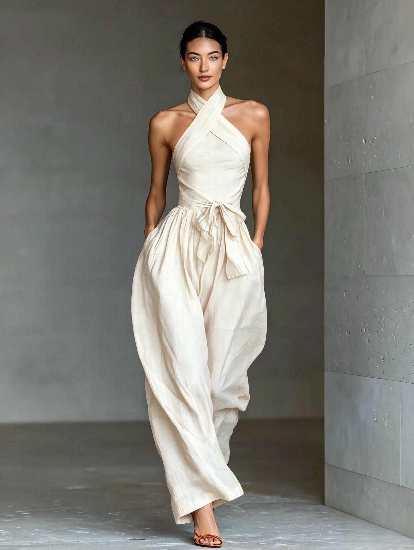 Calvique Halter Neck Linen-Blend Wide-Leg Jumpsuit