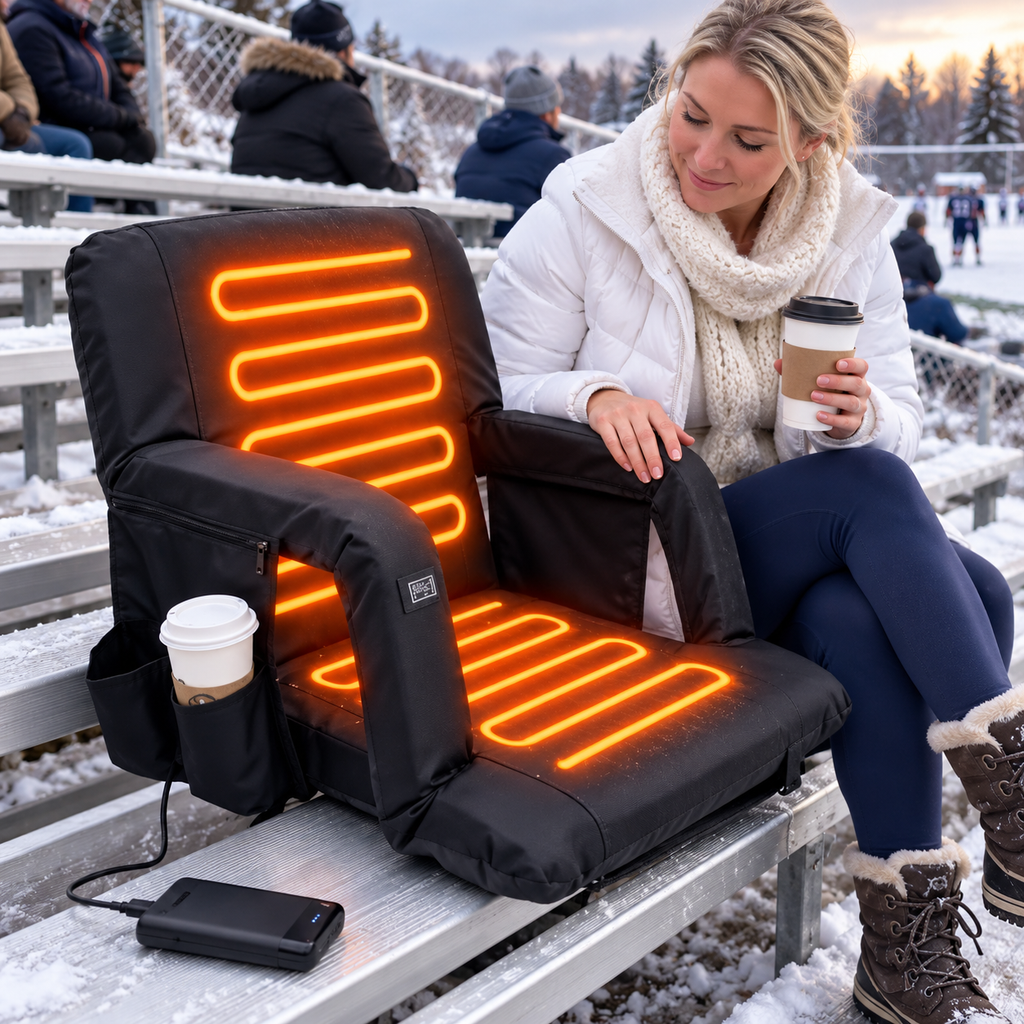 🔥🪑 360° Surround Heated Stadium Chair – 3 Heat Levels, 20,000mAh Battery & Foldable Portable Design ❄️